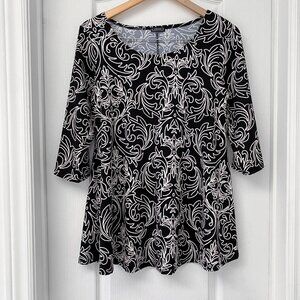 Clientele Black White Scroll Blouse XL Tunic Top 3/4 Sleeve Flowy Made in Canada
